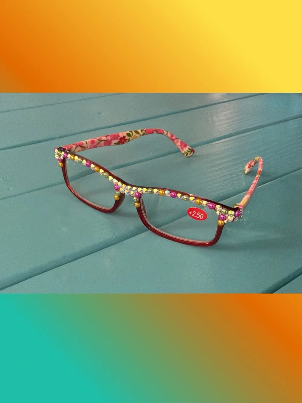 Handmade Bling Reading Glasses (+2.50)- Floral Frame with Multicolor Rhinestones
